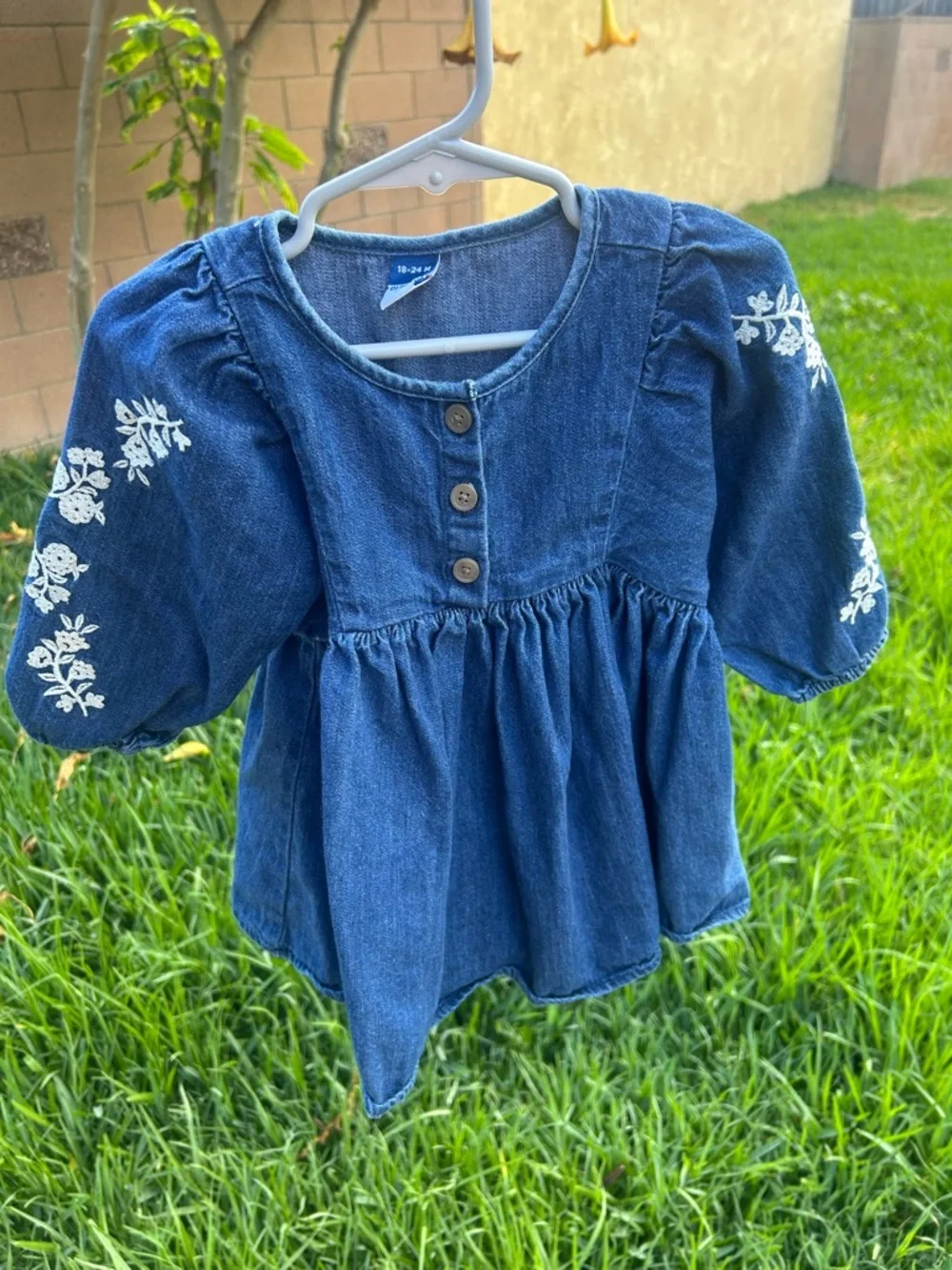 Old Navy Blue Denim Girls' Embroidered Sleeve Peasant Dress